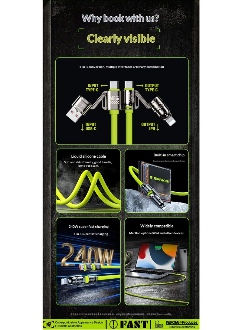 ويكومي كابل بيانات وشحن فائق السرعة WEKOME Diamond Atom Series بقوة 240 واط، 4 في 1 | تصميم سايبربانك، سيليكون سائل، موصل من سبائك الزنك، متوافق مع بروتوكولات متعددة، مرن ومتين - Image 3